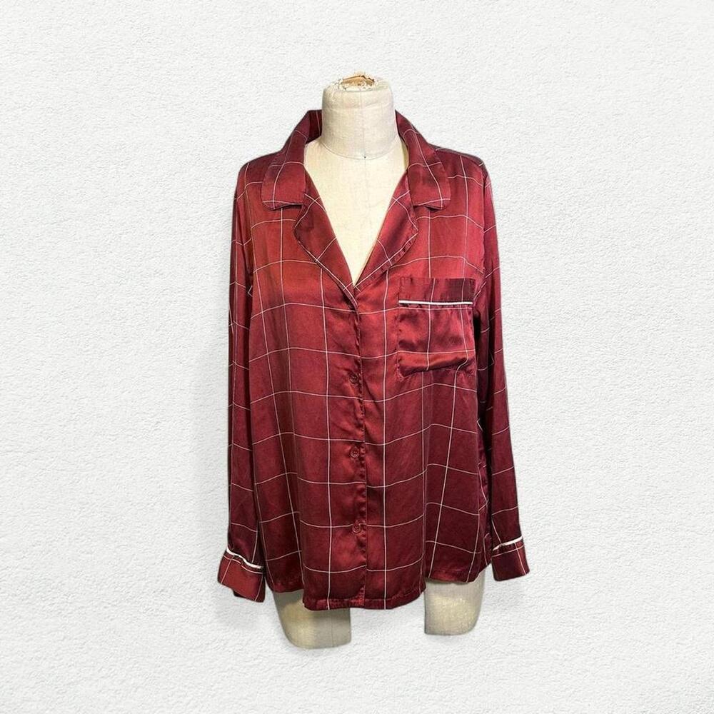 Eberjey x Lily Alridge Inez Silk Print Pajama Shirt Simple Plaid Merlot & Ivory